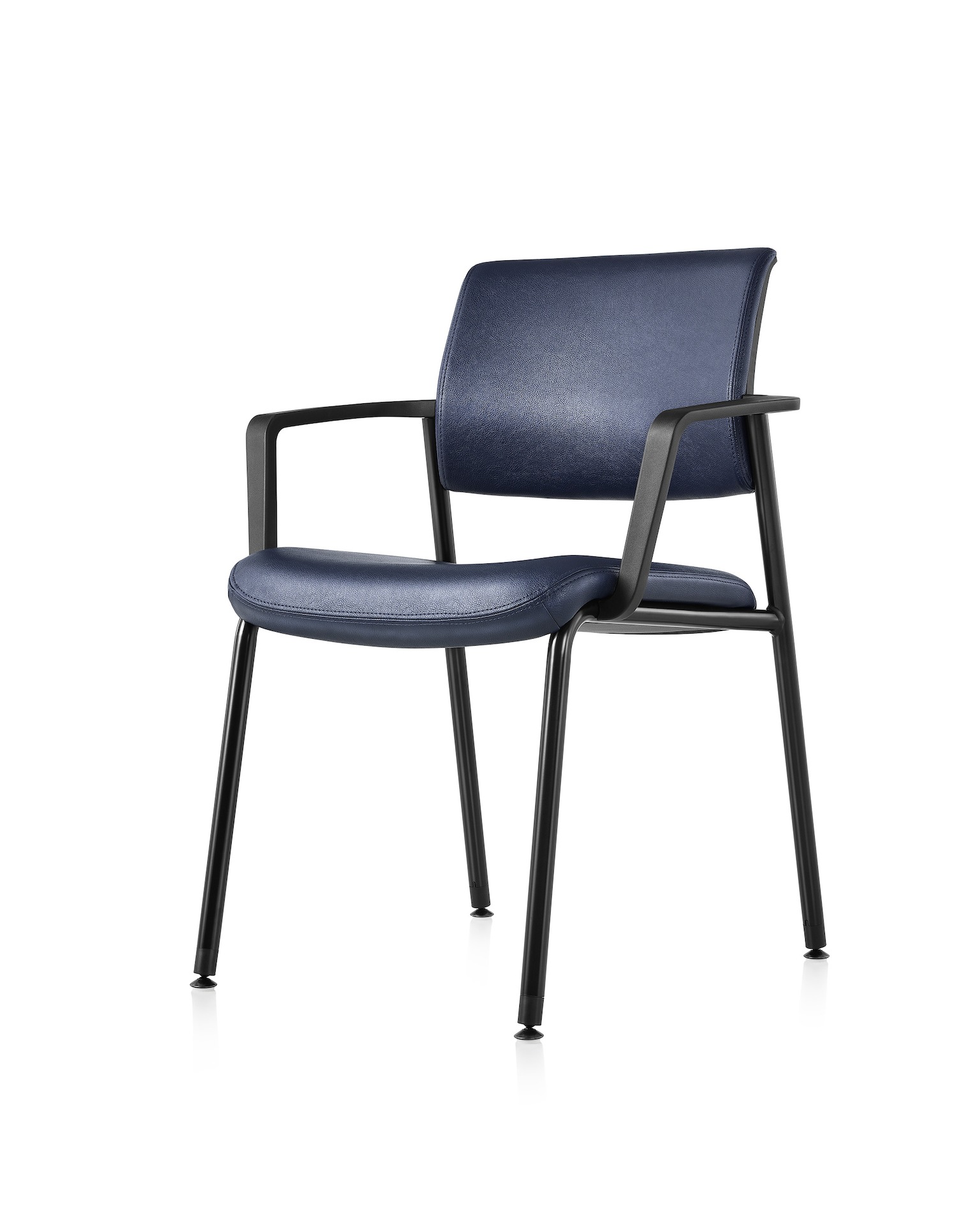 Three quarter angle, left view of the Verus Side Chair with arms, in blue vinyl upholstery.