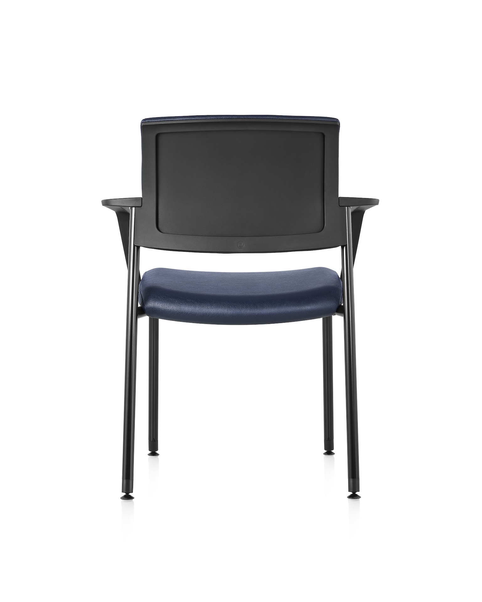 Back view of the Verus Side Chair with arms, in blue vinyl upholstery.