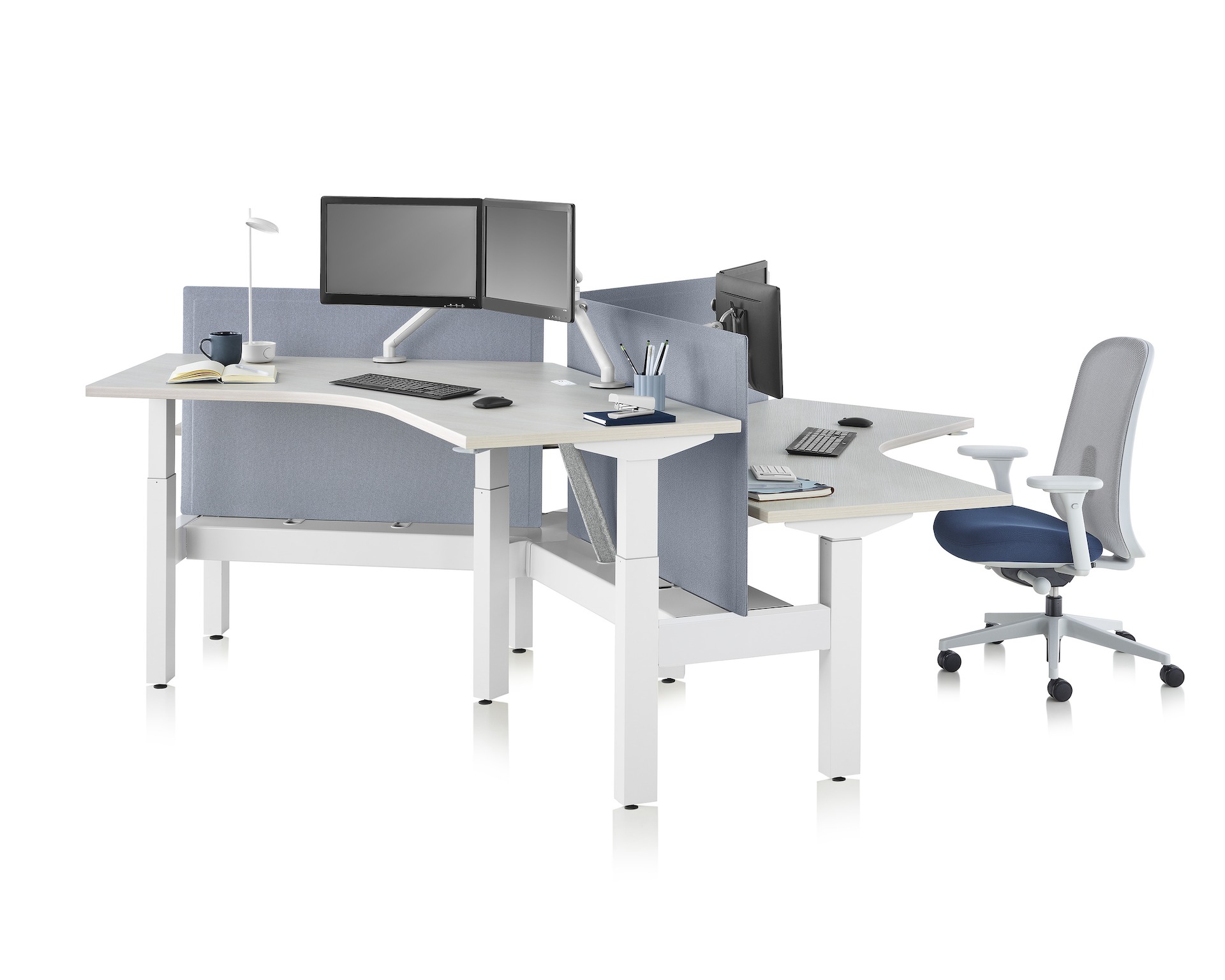 Standing desk system, Nevi Link, with 120-degree work surfaces, Lino Chairs, and screens. One of the three desks is raised at a standing height.