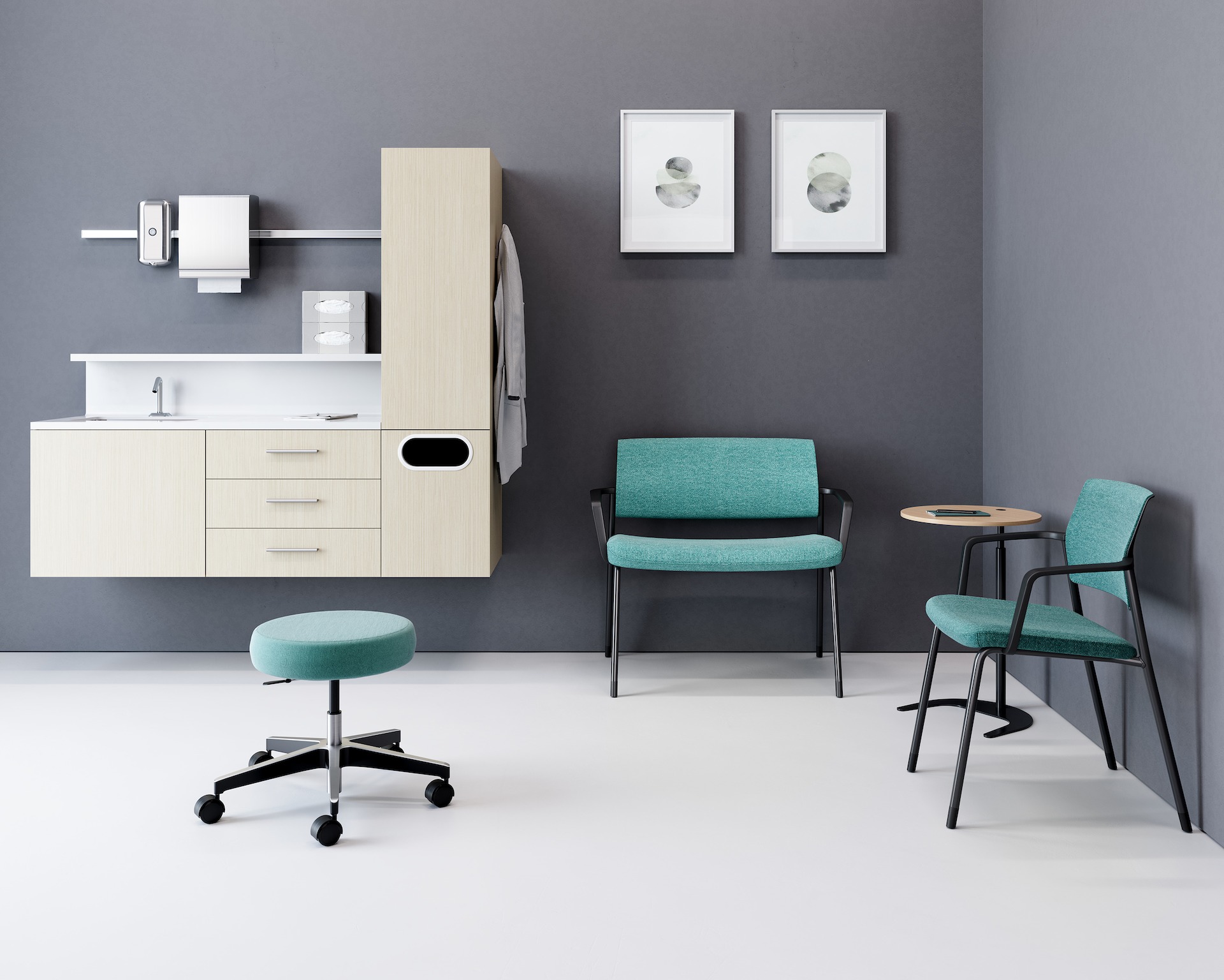 Exam Room with a teal upholstered Physician Stool, light finish wall-hung Mora System, and two green Verus wall-saving side chairs.