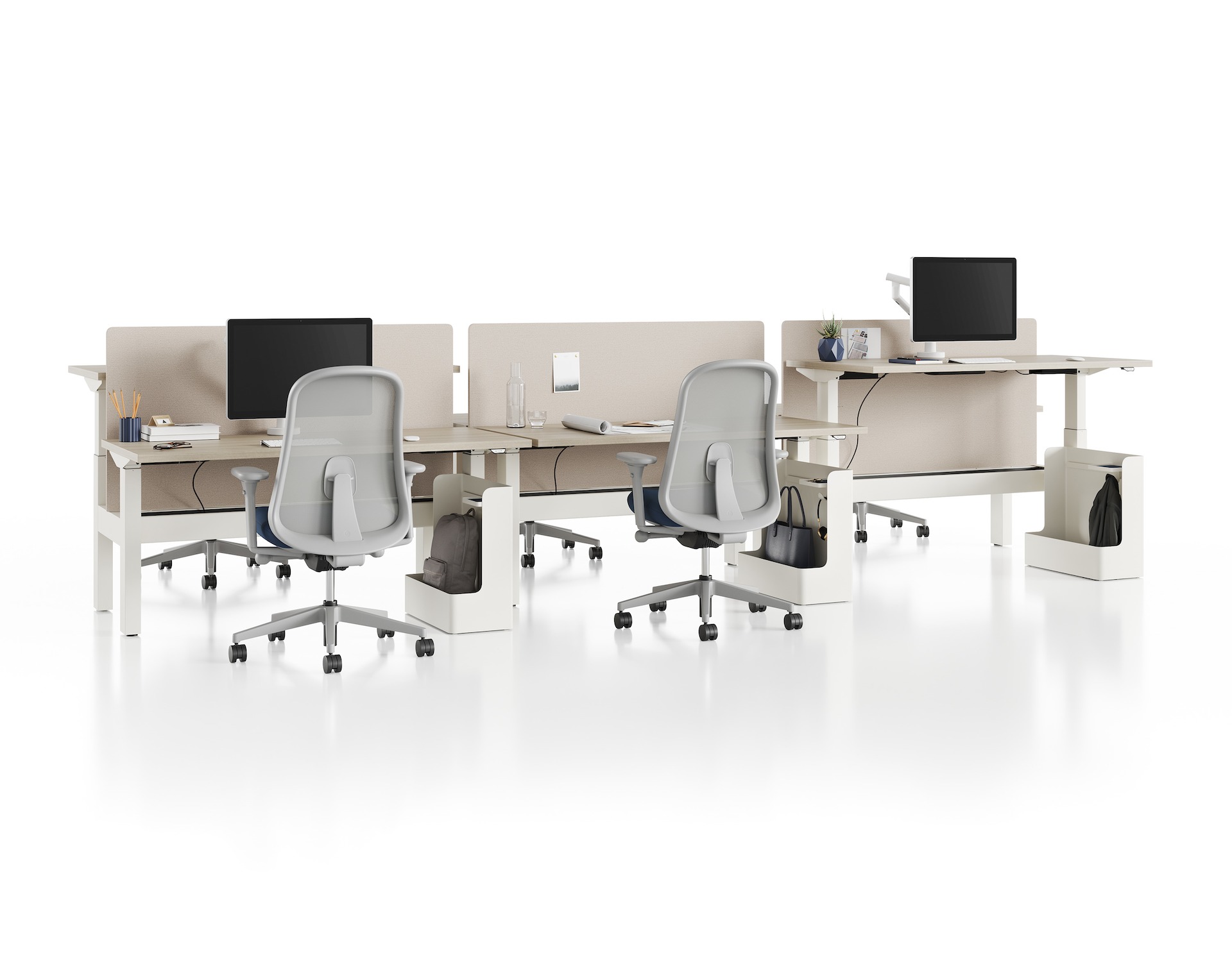 Standing desk system, Nevi Link, in white with privacy screens and rectangular work surfaces. One of the six desks are raised at a standing height.