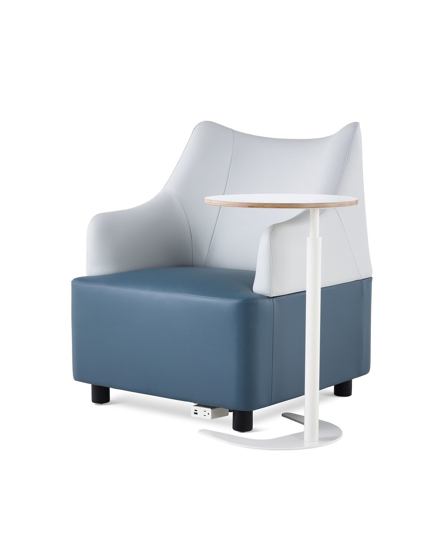 A Plex Club Chair with a light gray back and blue seat.  A Plex adjustable table with a white top and a white base.  The Plex Club Chair has an optional power unit and housing.