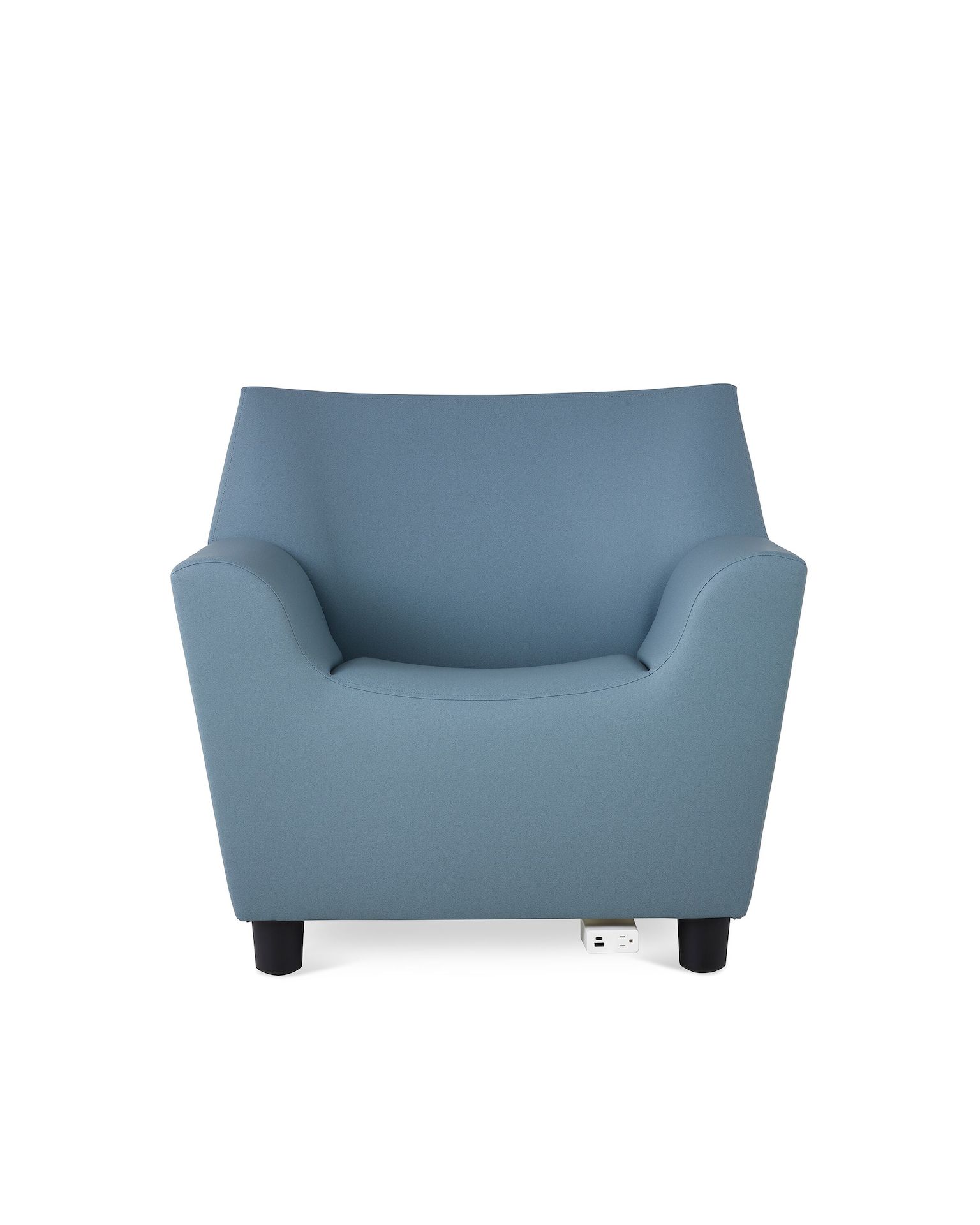 A Swoop Club Chair in a blue upholstery, with an optional power unit and housing. Viewed from the front.