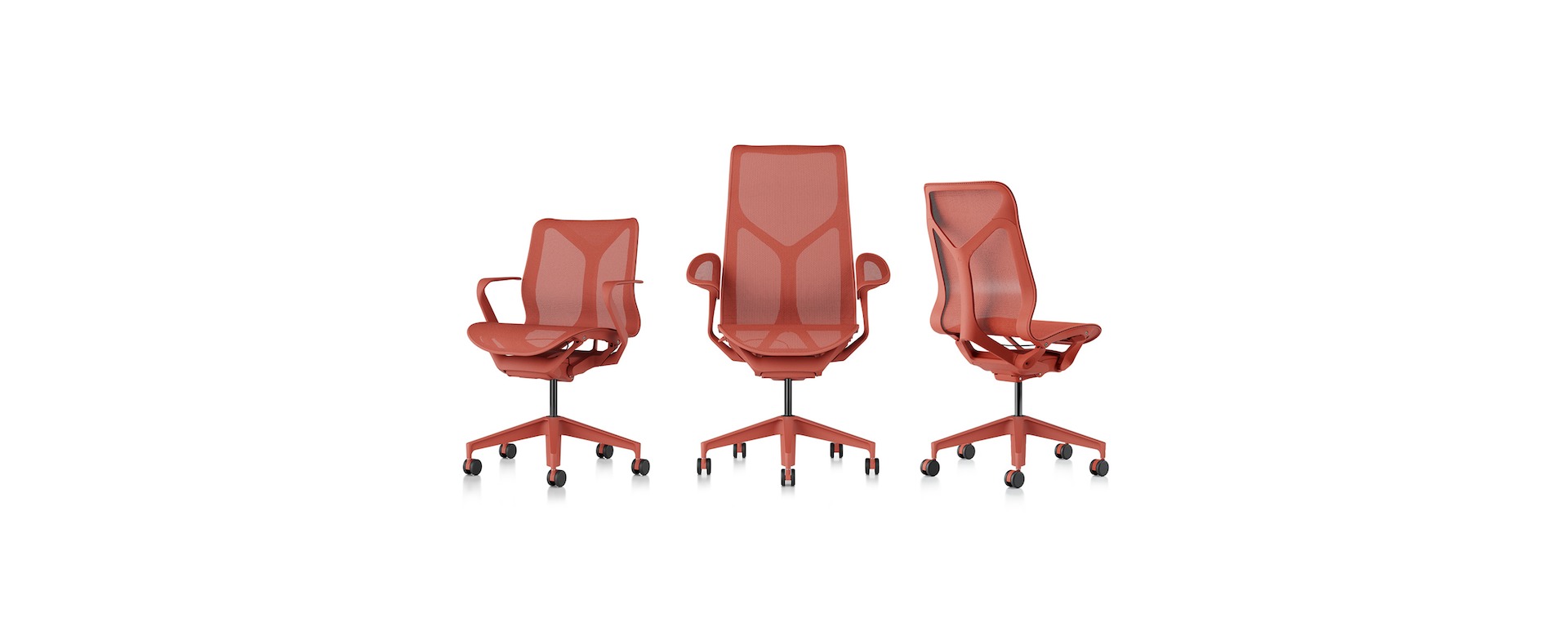 Three Cosm Chairs in red, includes low back, high back, and medium back.