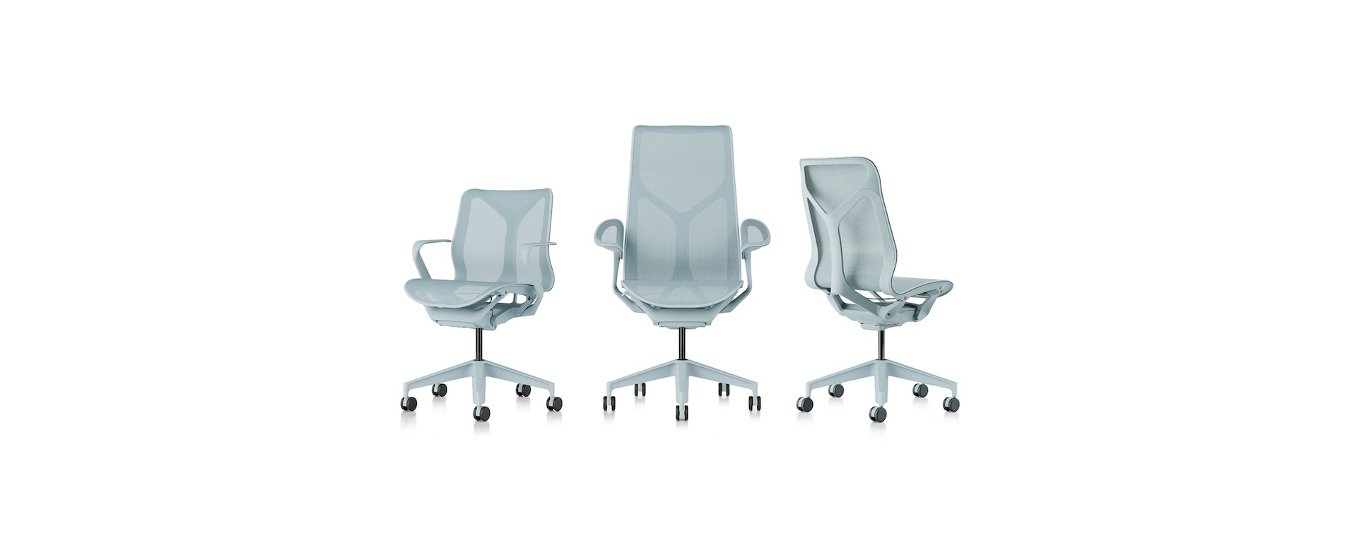 Three Cosm Chairs in light blue, includes low back, high back, mid back.