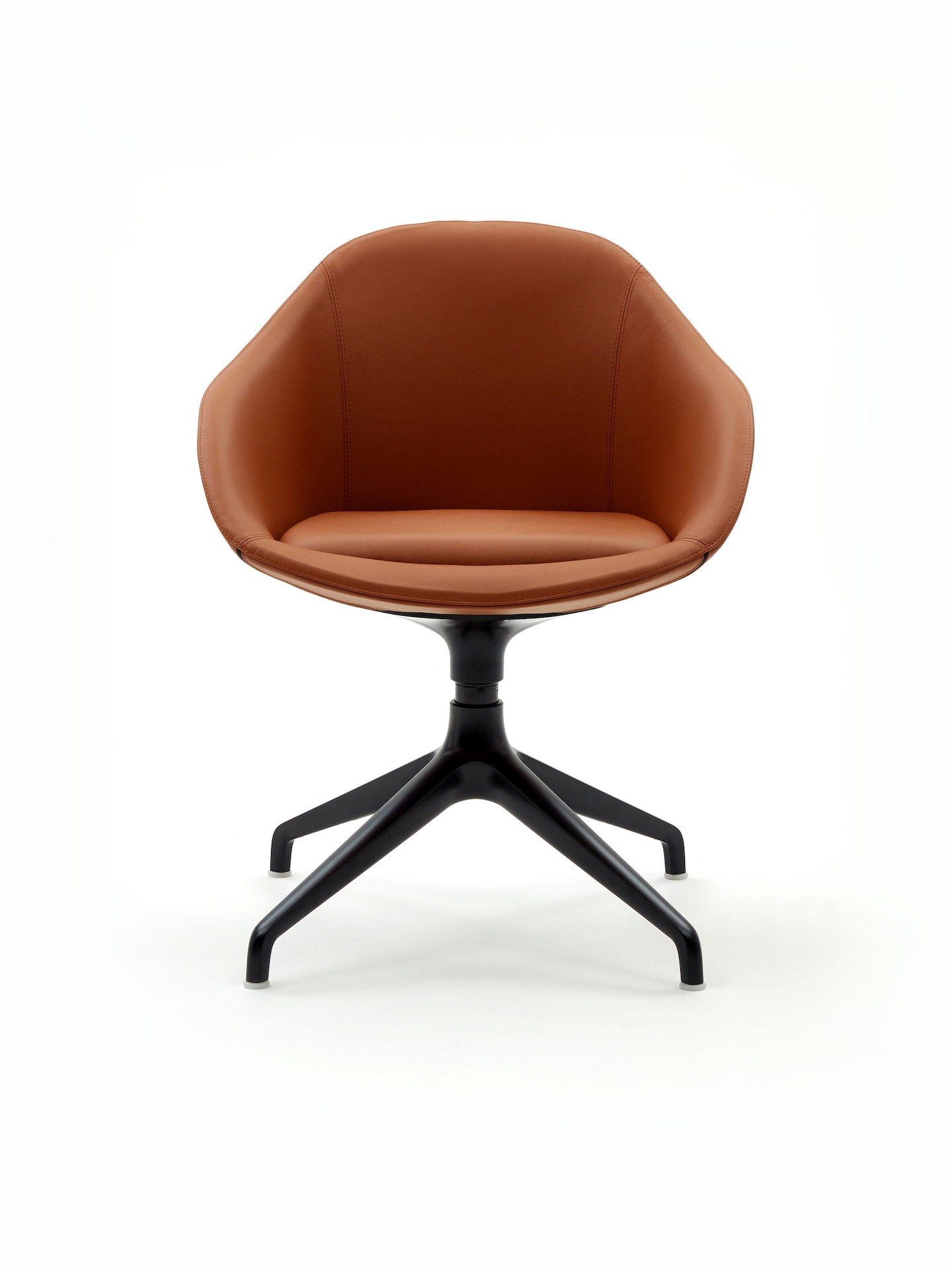 A naughtone Always Side Chair upholstered in brown leather with a black steel 4-star base.