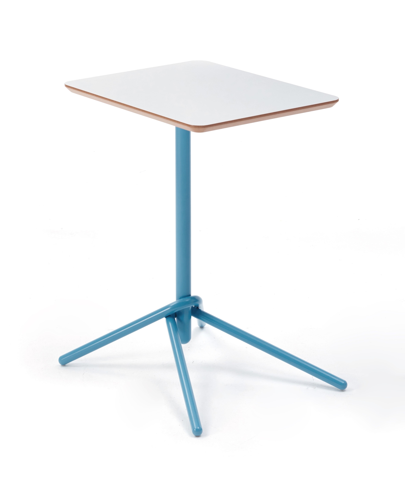 A naughtone rectangular Knot Side Table with a white top and light blue base, viewed at an angle.