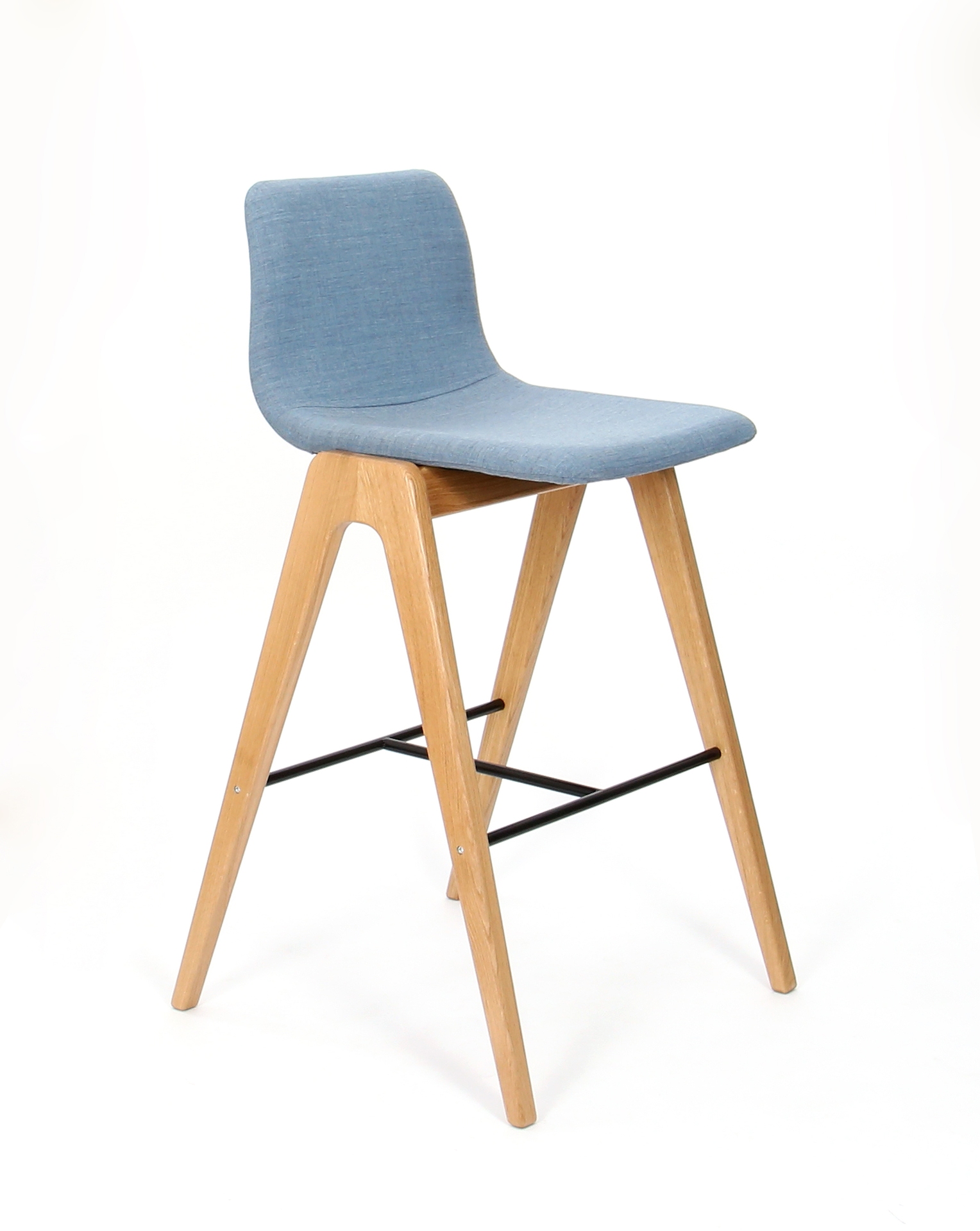 A blue upholstered naughtone Viv Wood Stool, viewed at an angle.