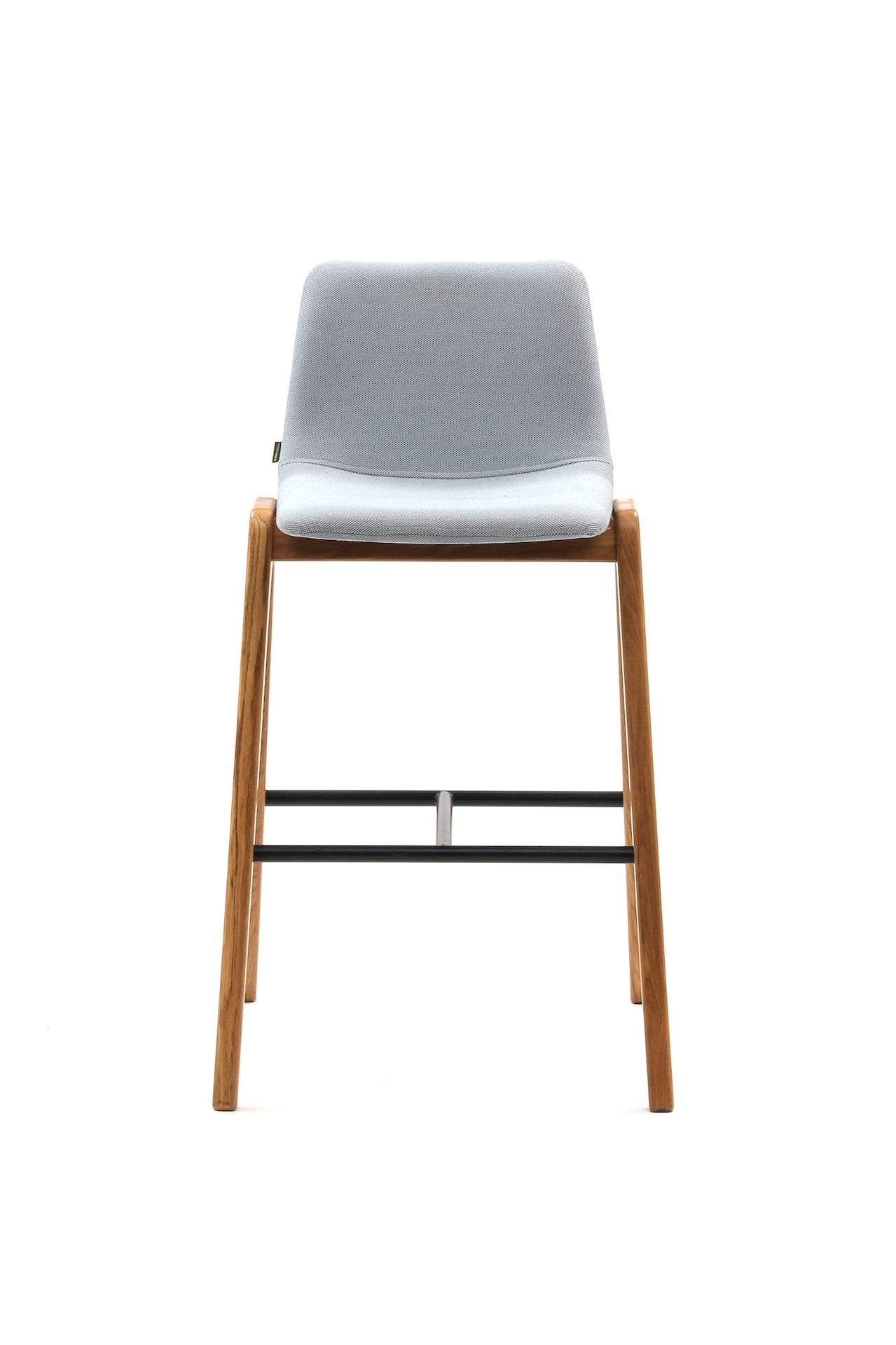 A gray upholstered naughtone Viv Wood Stool, viewed from the front.