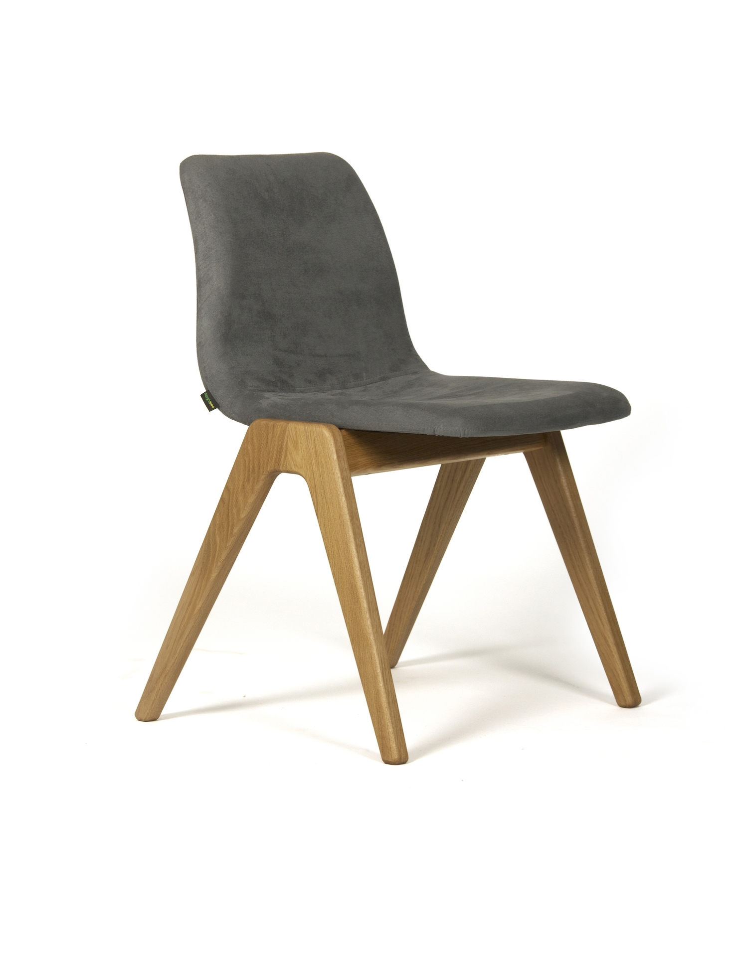 A dark gray suede naughtone Viv Wood Chair, viewed at an angle.