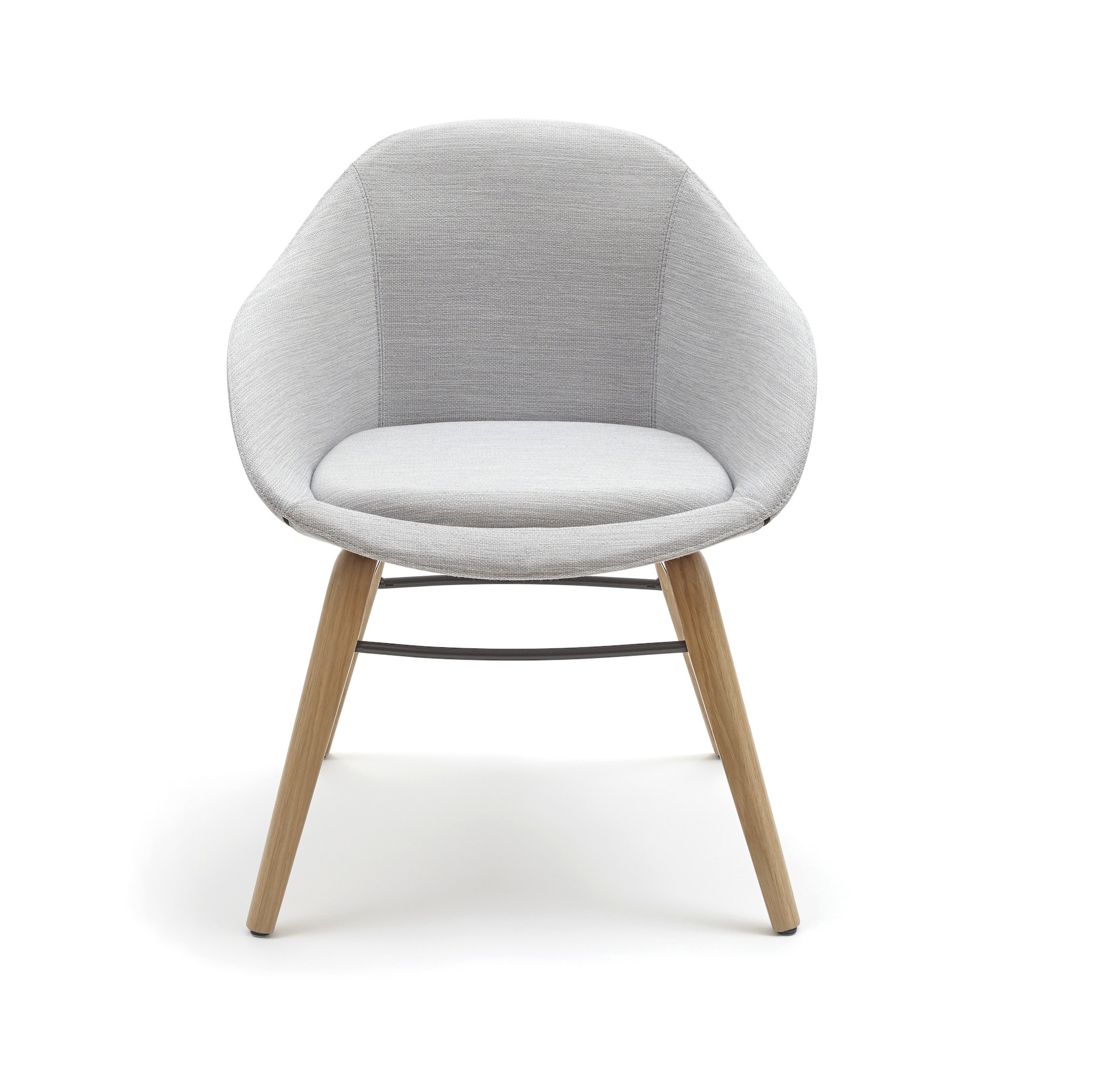 A naughtone Always Side Chair upholstered in gray fabric with a wooden base, viewed from the front.