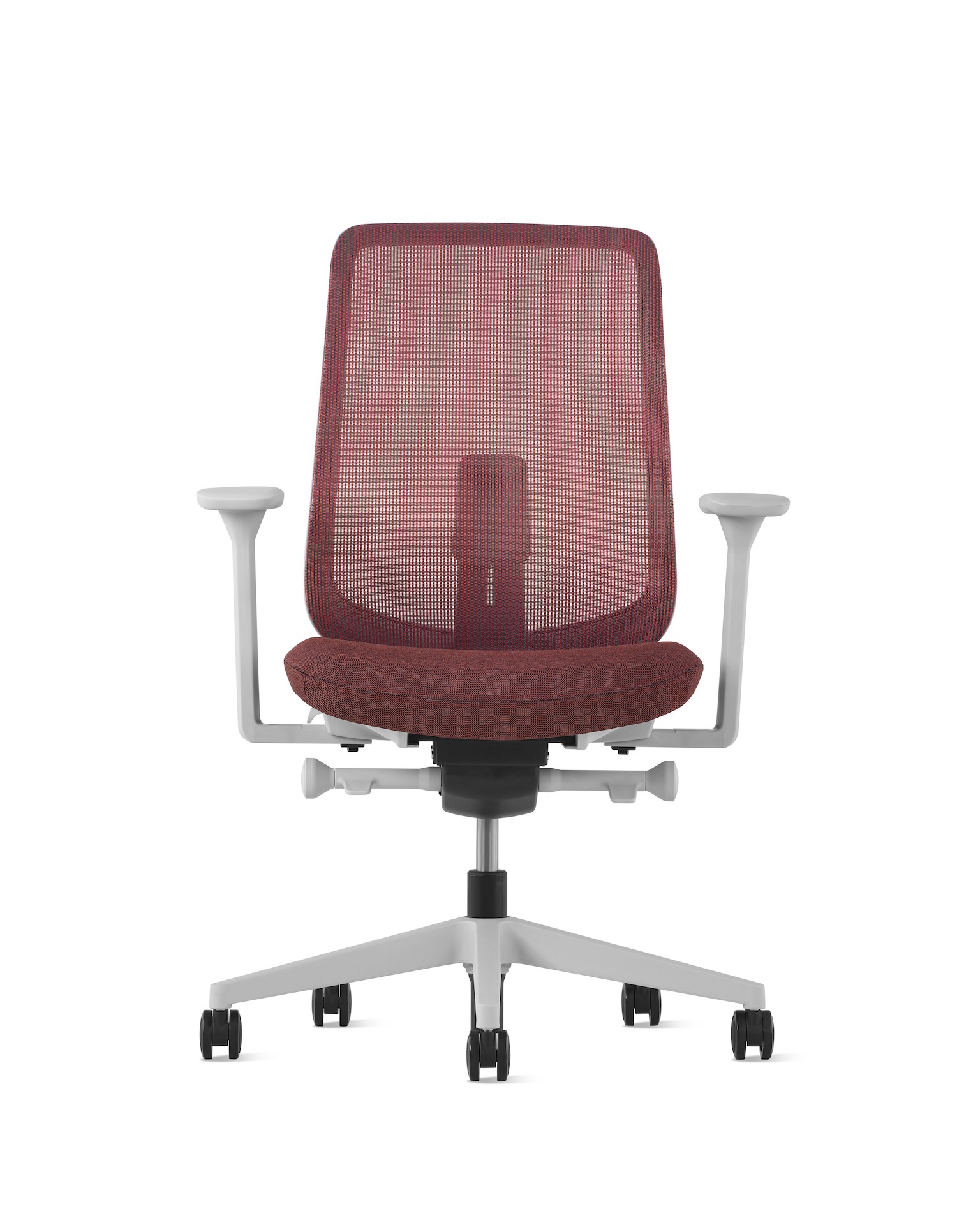 A red Verus Chair with mineral frame viewed from the front.