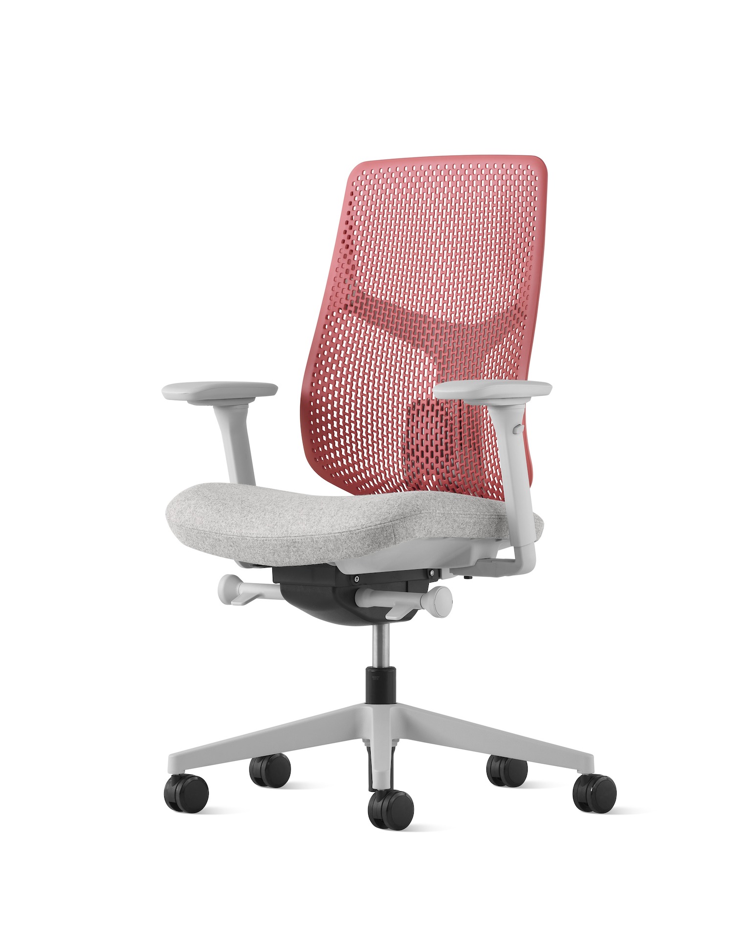 A light red Verus Chair with Triflex back and mineral frame viewed from the a three-quarter front angle.