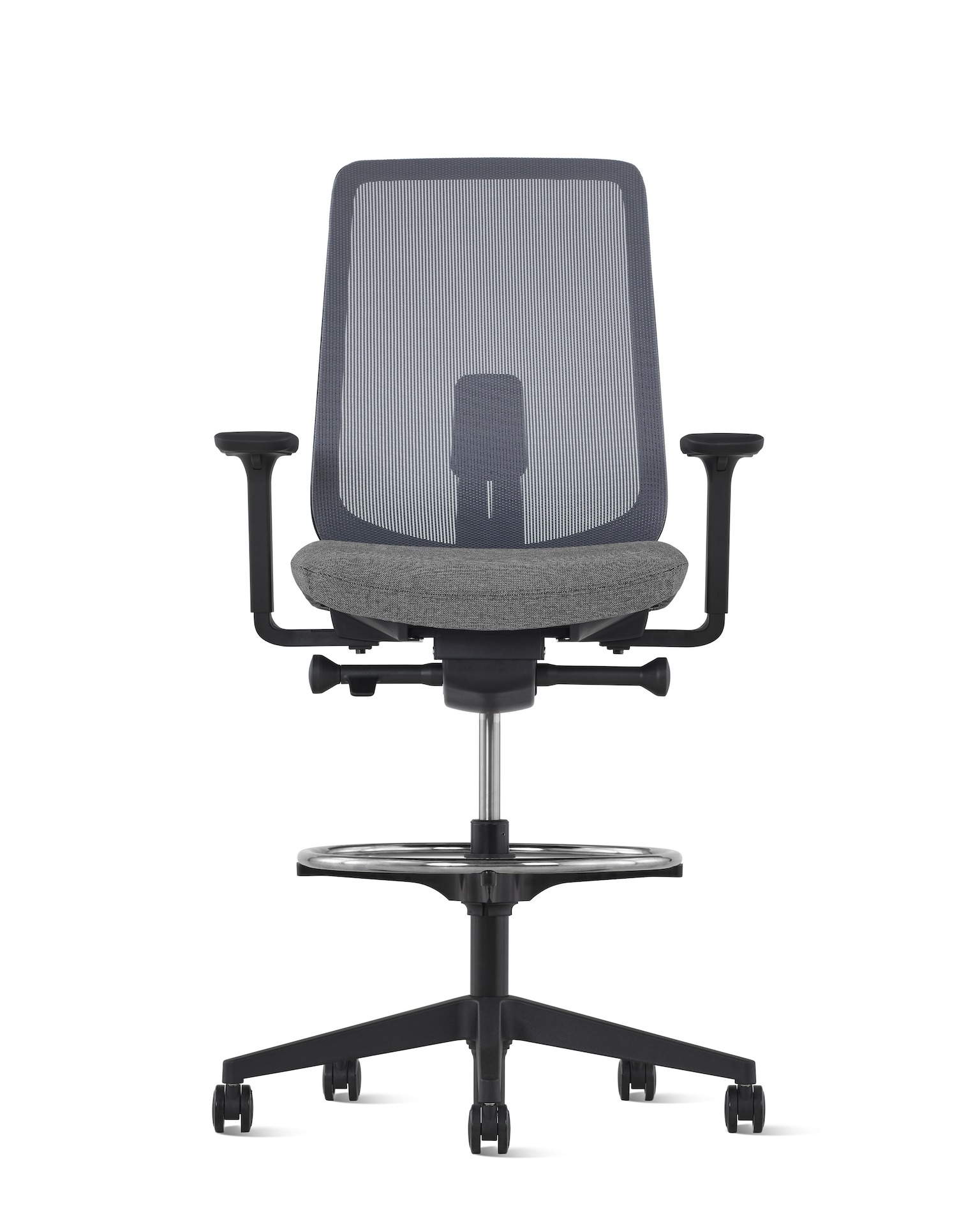 A black Verus Stool with suspension back, viewed from the front.