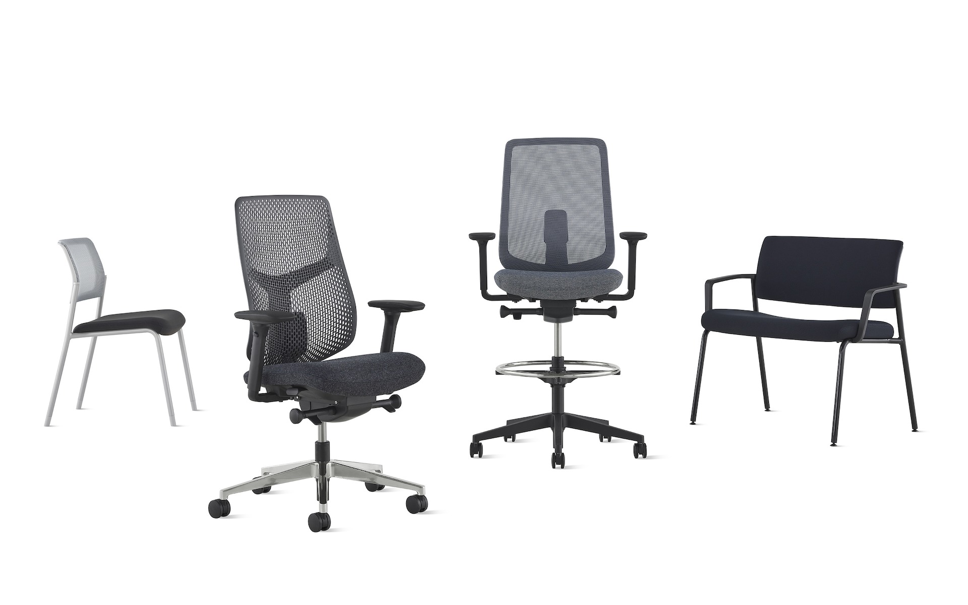 A group of black Verus chairs including a side, office, stool, and plus versions.