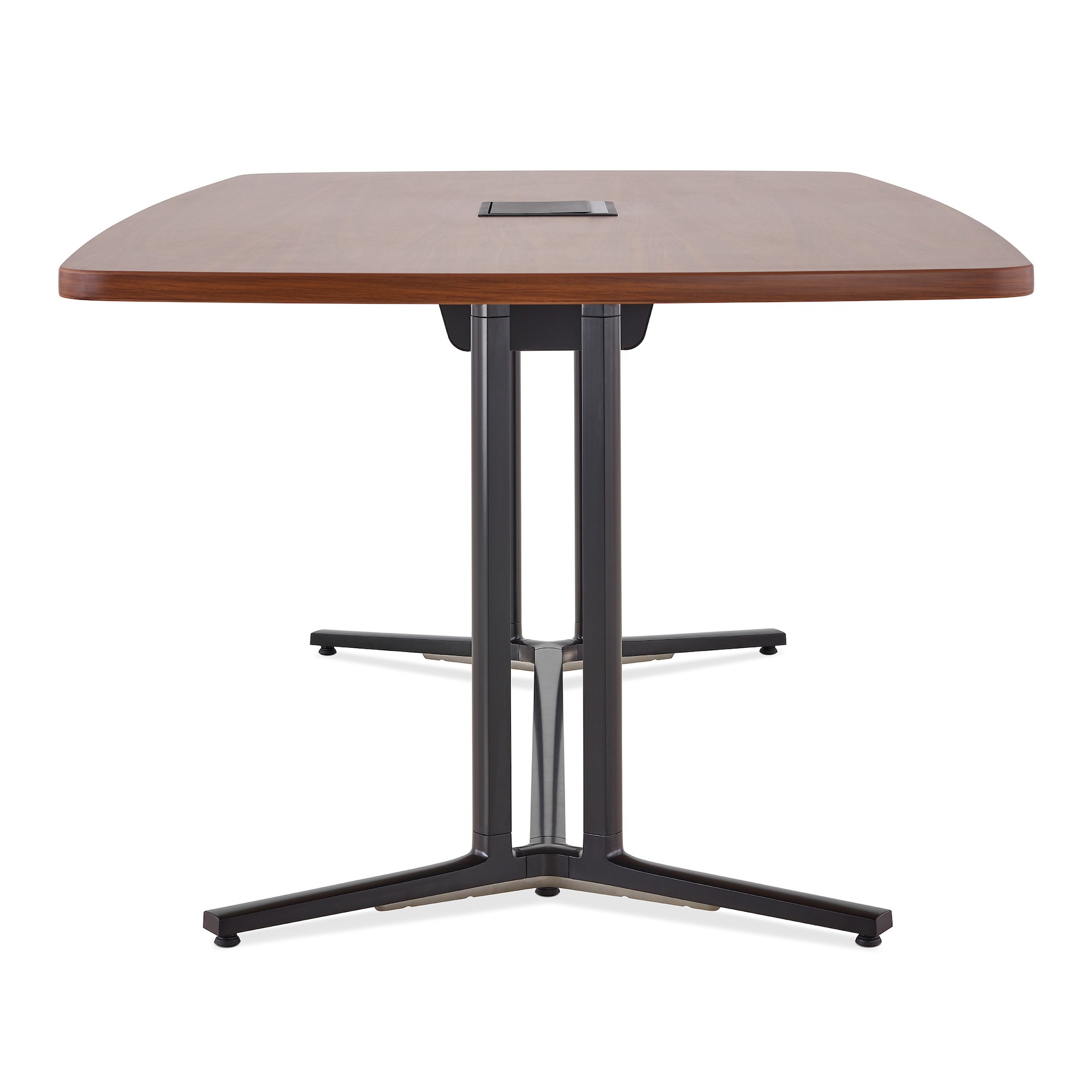 Side view of a square edge rectangular Everywhere conference table with a medium walnut woodgrain laminate top, central power access and a black base.