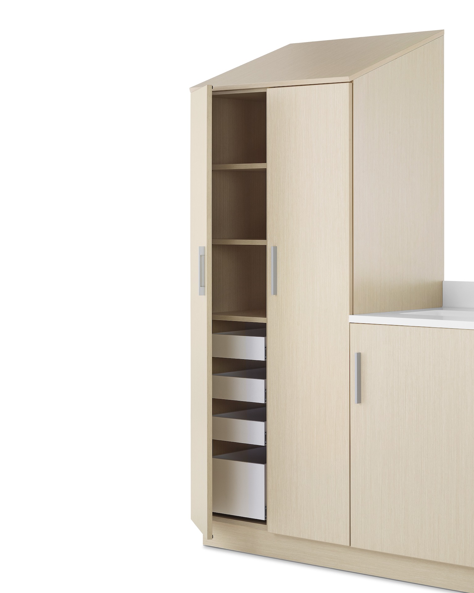 Mora System storage tower in a light wood finish with interior drawers and shelves.