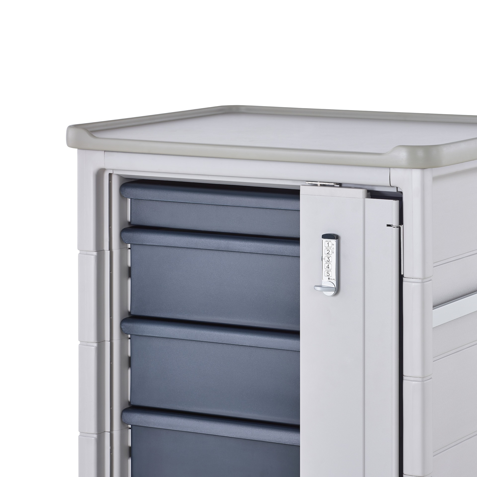 Detail of Procedure and Supply Cart in a light gray body and dark blue modular drawers and lock bar with keyless lock.