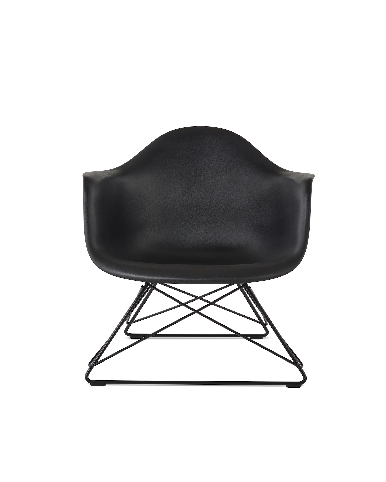 An Eames Molded Plastic Armchair with a low wire base, viewed from the front.