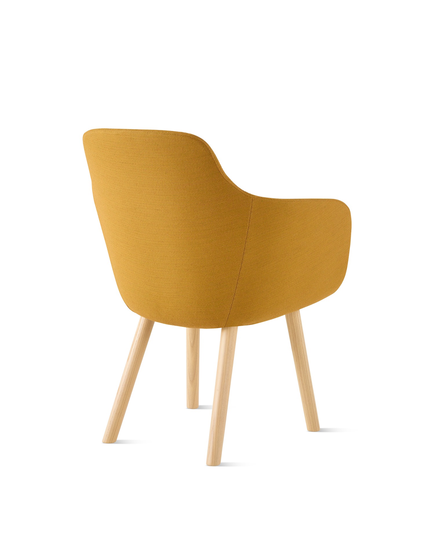 A Saiba Side Chair with yellow upholstery and light wood legs, viewed from the back at an angle.