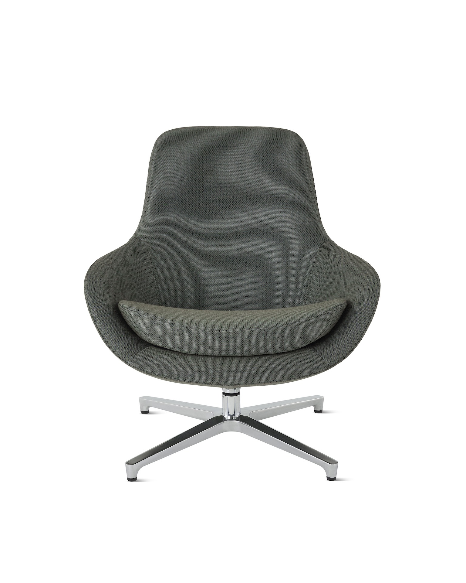 A Saiba Lounge Chair with blue green upholstery and metal legs, viewed from the front.