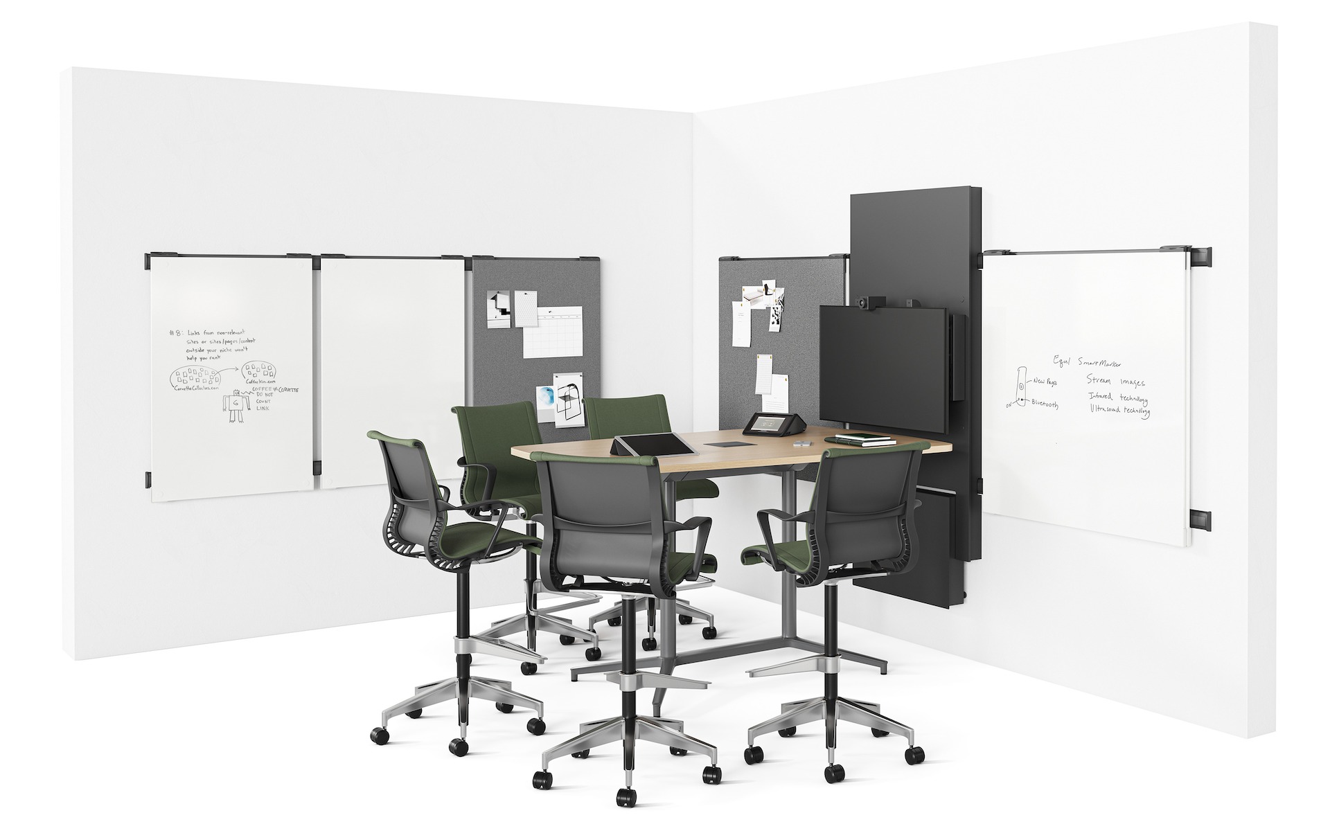 A rendering image of the Headway Conference Table with Y Base in a huddle room with video conferencing and Setu Stools.