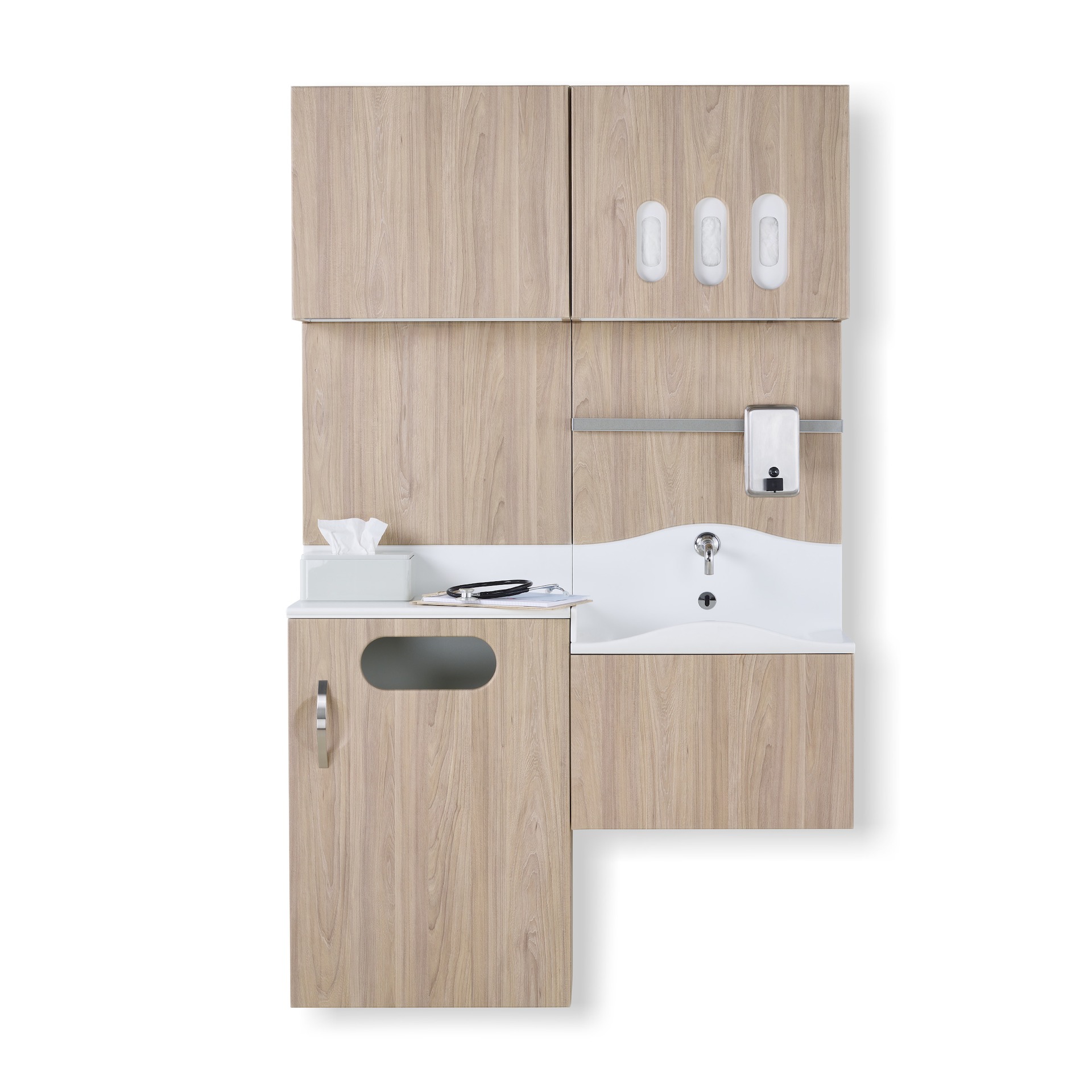 Front view of Compass System casework wall unit in a medium elm wood laminate finish with integrated waste receptacle, white solid surface sink, and upper storage for gloves.