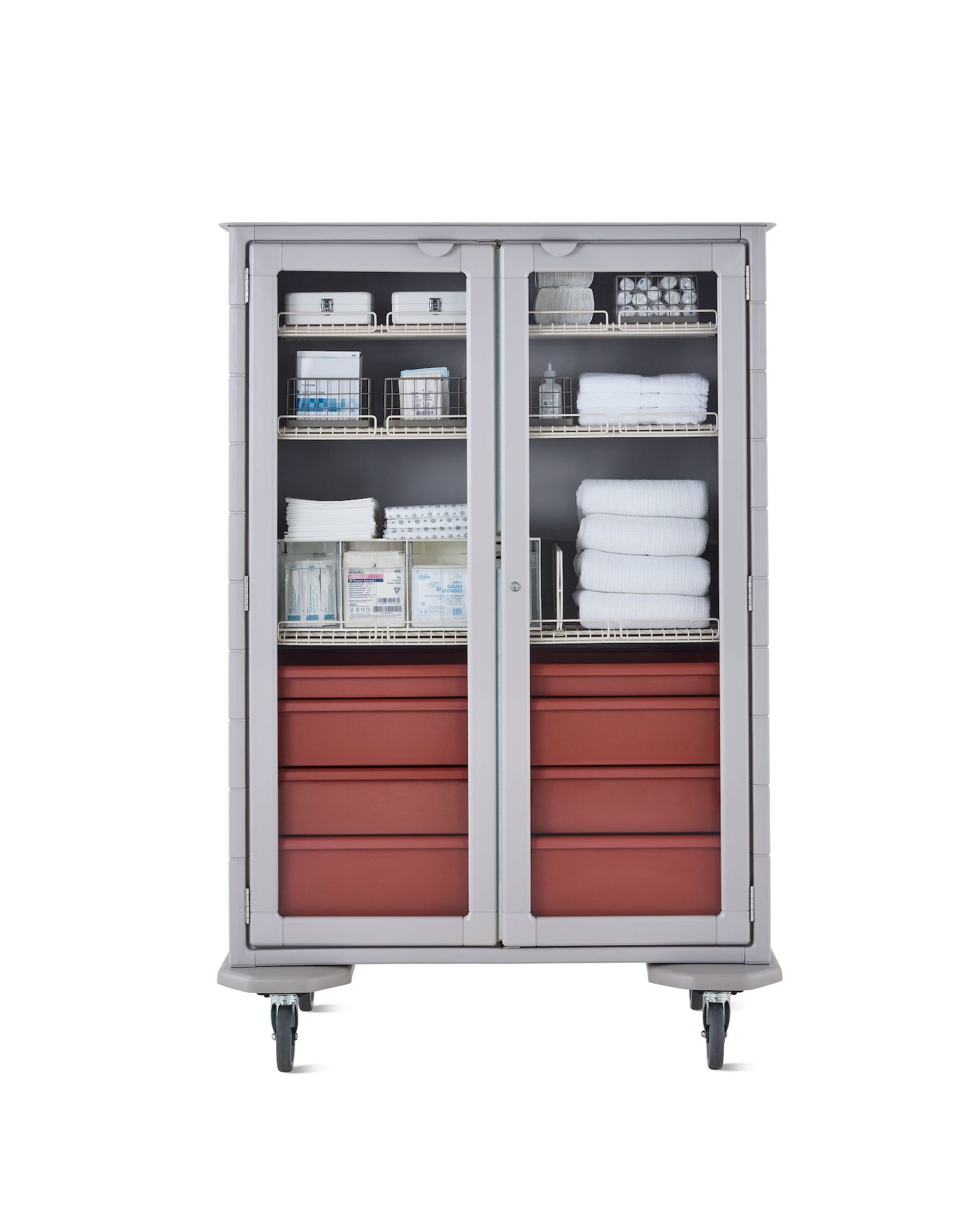 Front view of a double-wide, tall, supply cart with a gray finish, terra cotta drawers, wire shelves, and glass doors.