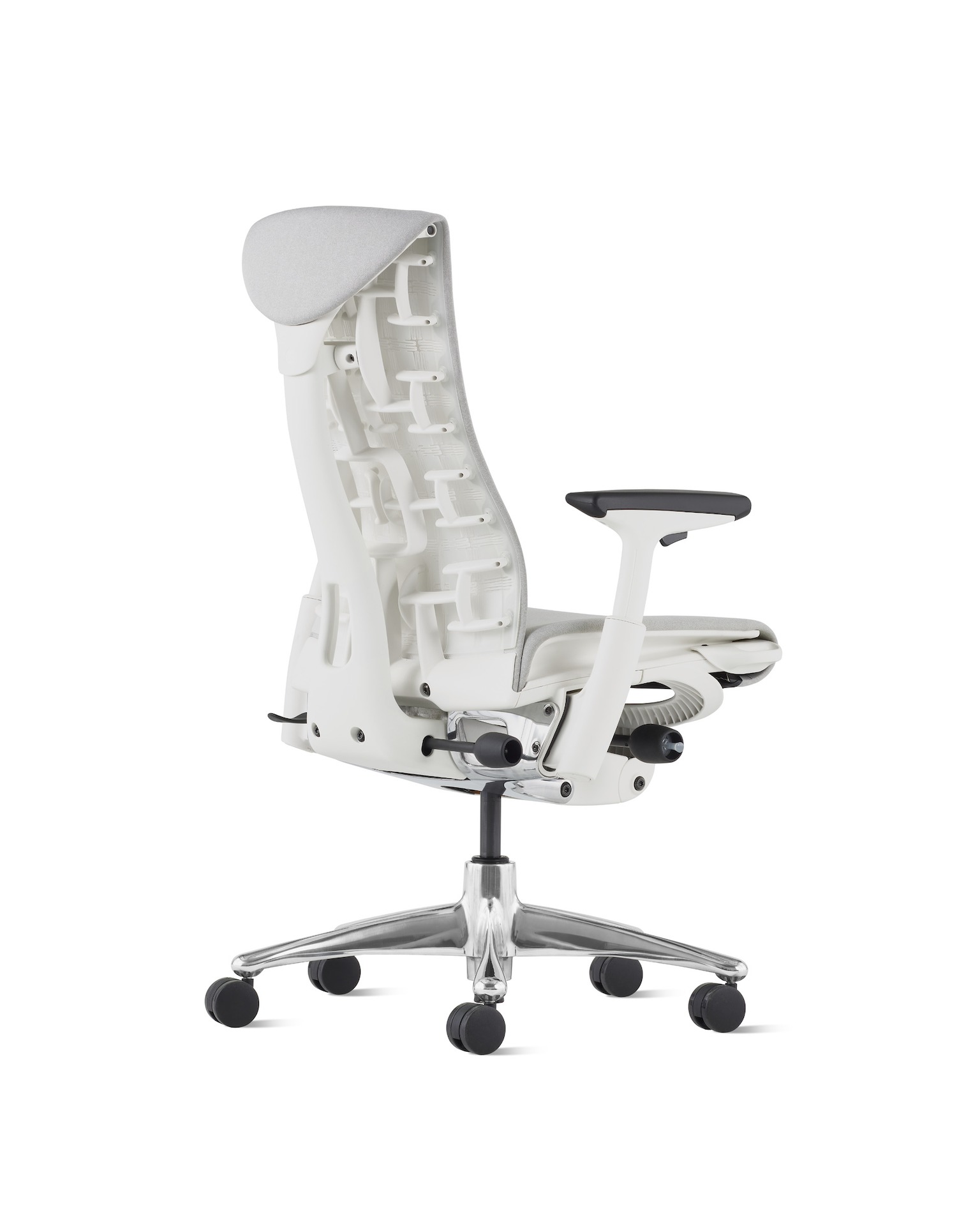 An Embody Chair, light grey color, angled back view.