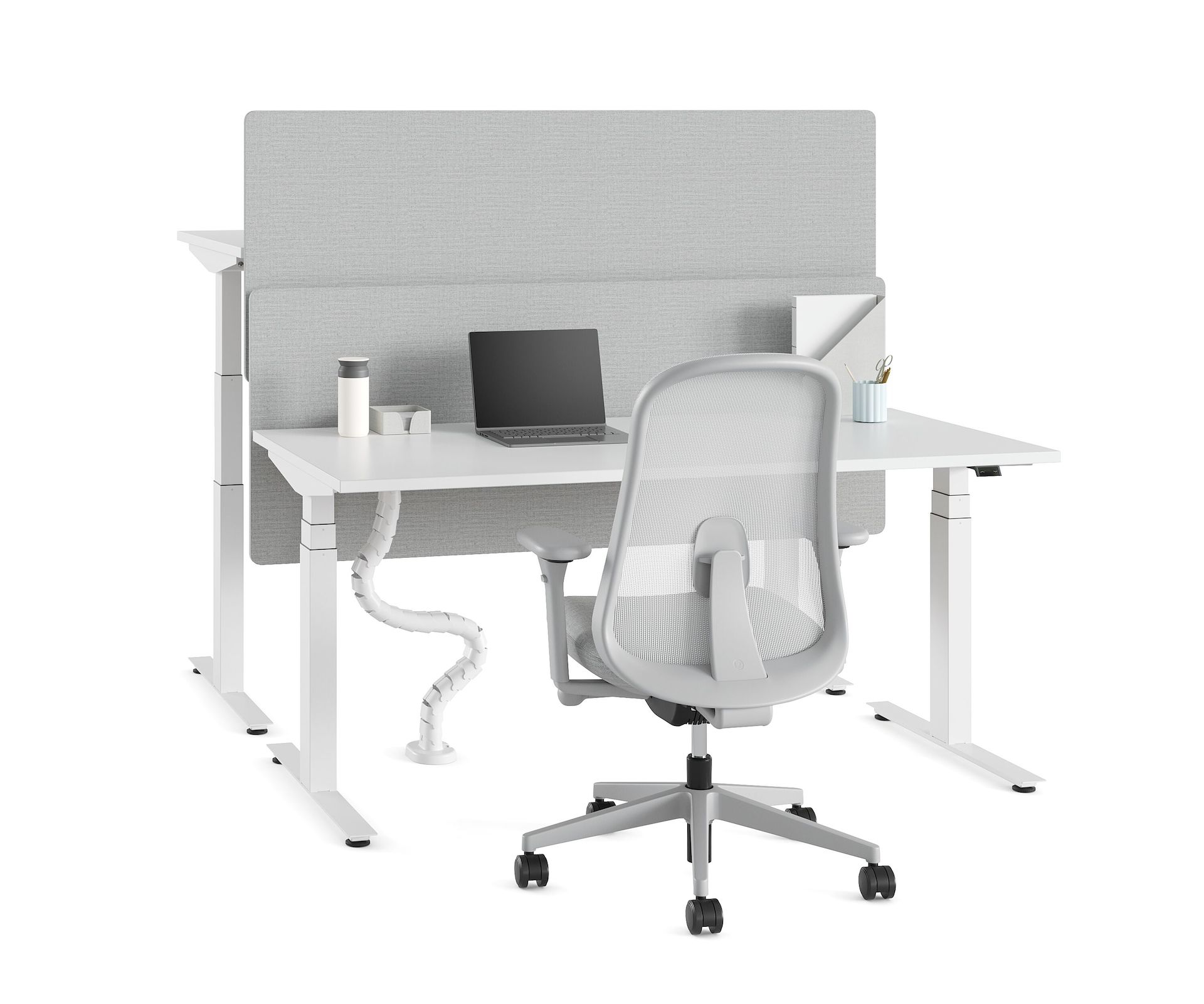 Two Nevi Sit-Stand Desks positioned back to back at seating and standing heights.  