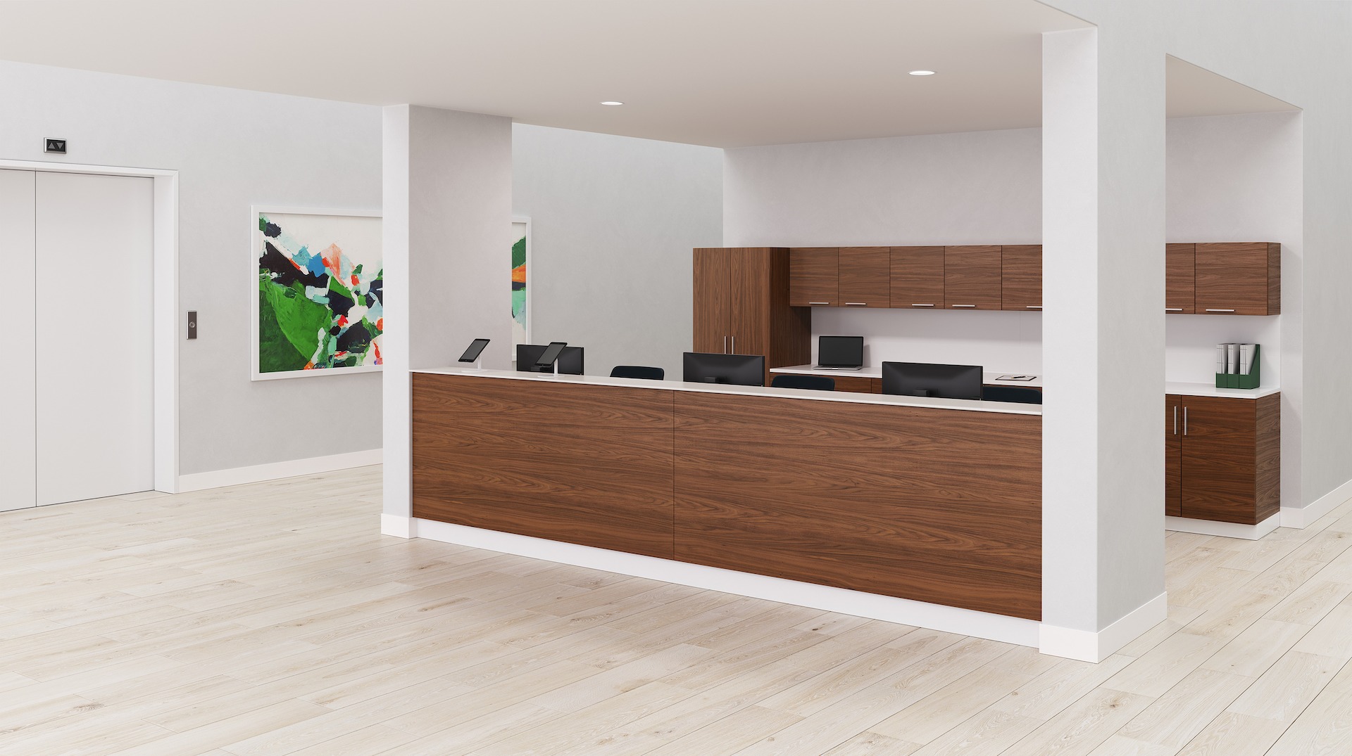 Prefab Commend Nurses Station for three with 3d laminate walnut woodgrain fronts positioned as a check-in desk in the foreground and Mora System in the background.