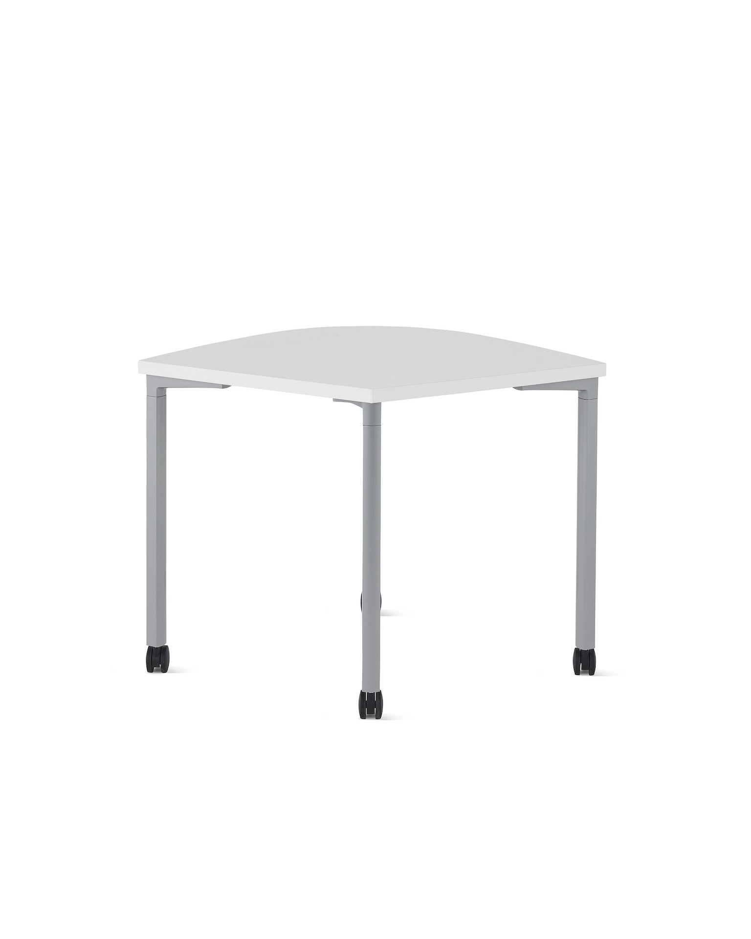 A wedge shaped Everywhere Table with white top and silver legs. 