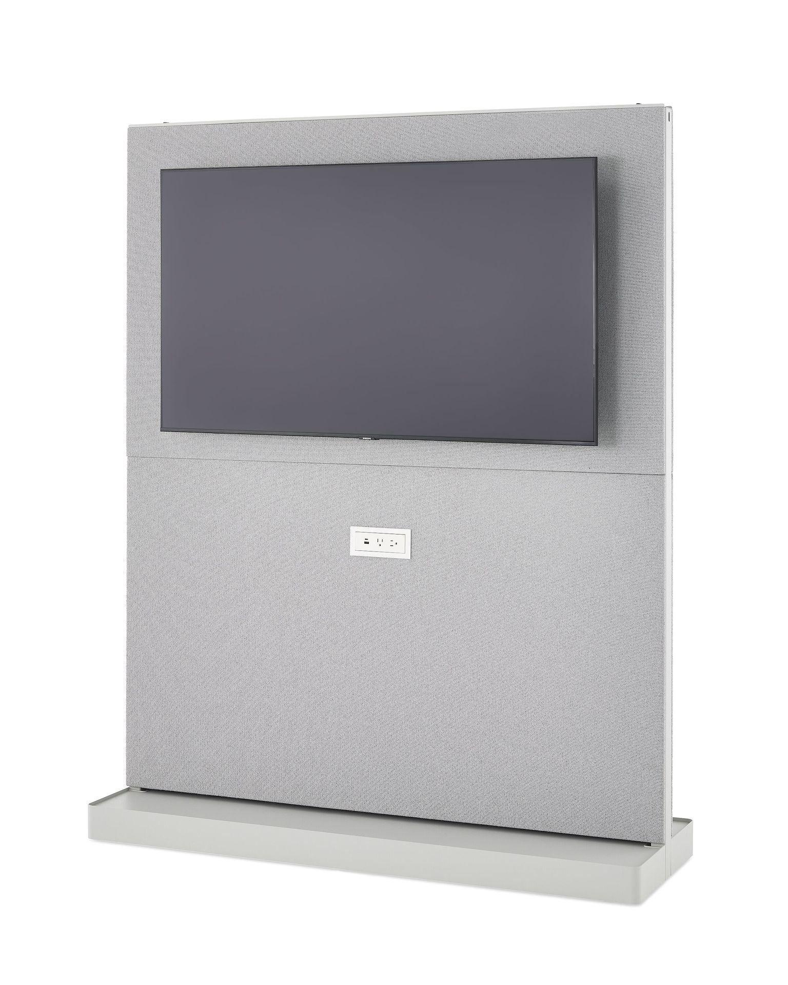 A grey, fully cladded OE1 Agile Wall with display mount, viewed from an angle. 