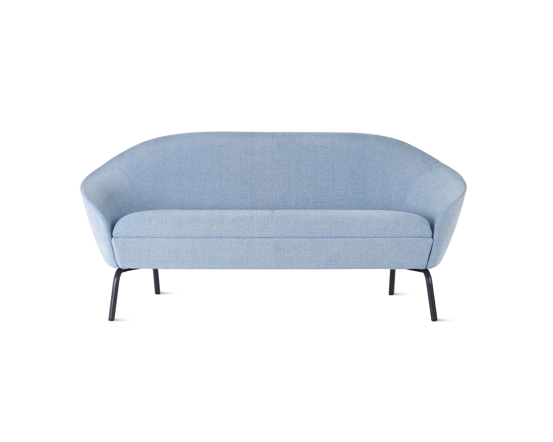 White sweep shot of pastel blue upholstered Ever 2 seat sofa on black steel legs.