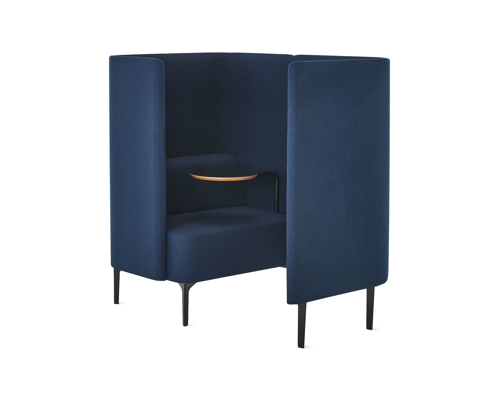 Whitesweep of Pullman Chair Pod on black steel legs, upholstered in blue fabric with screen left and a tablet arm.