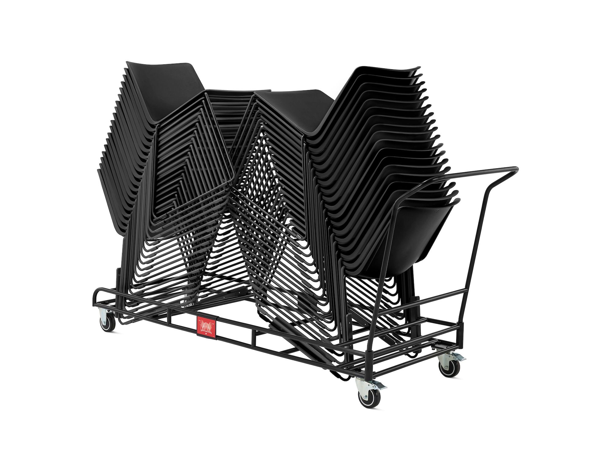 A front angle view of the Pronta cart with 30 Pronta chairs in black stacked in two equal groups across from each other.