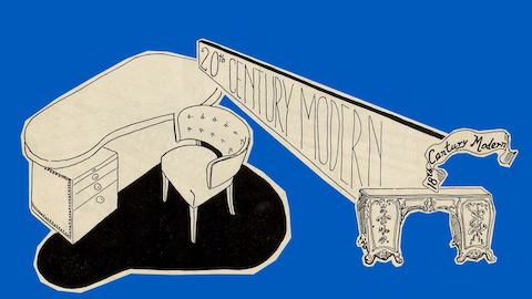 Archival black and white drawings in a cut-out collage style on blue background, featuring a modern desk and chair next to a banner reading 