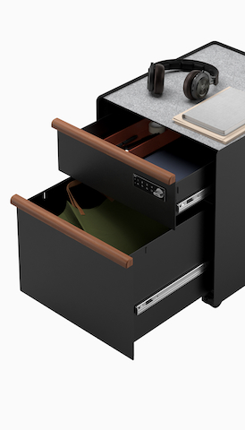 Overhead view of Trac pedestal with drawer/file configuration in black, on casters with digital lock and wooden drawer pulls.