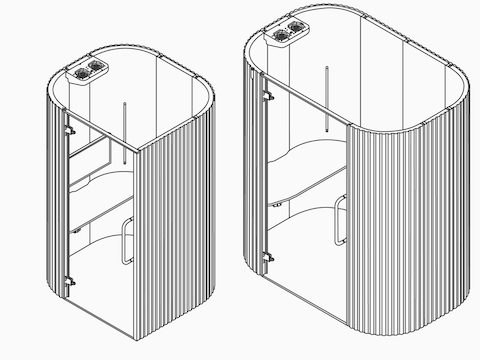 Een lijntekening van een Bay Work Pod en Bay Work Pod Pro