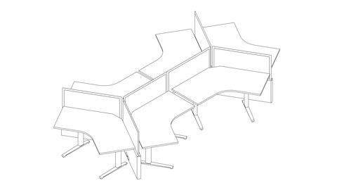 A line drawing of a Canvas Channel workstation with 120 degree desks and screens. Select to go to this setting's detail page.