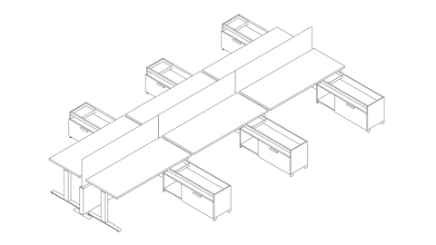 A line drawing of a Canvas Channel workstation with height-adjustable desks and lower storage. Select to go to this setting's detail page.