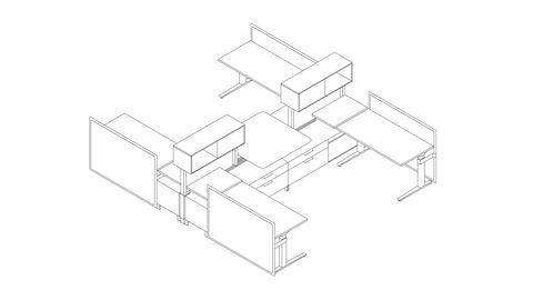 A line drawing of a Canvas Dock workstation with screens and upper storage. Select to go to this setting's detail page.