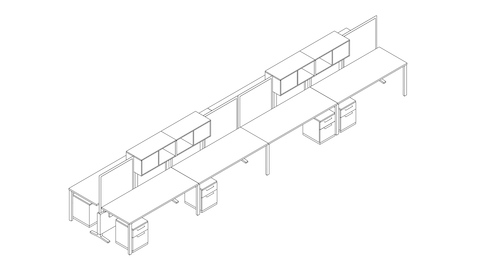 A line drawing of an eight-person Canvas Dock workstation with screens and upper storage. Select to go to this setting's detail page.