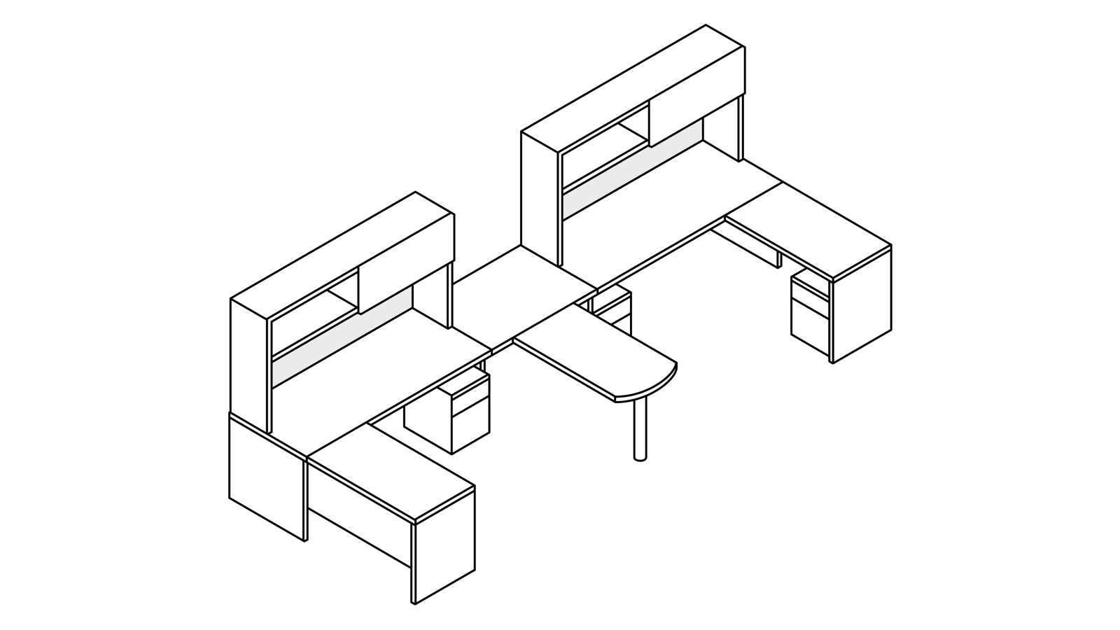 A line drawing of two Canvas Metal Desks with upper storage and a shared peninsula surface.