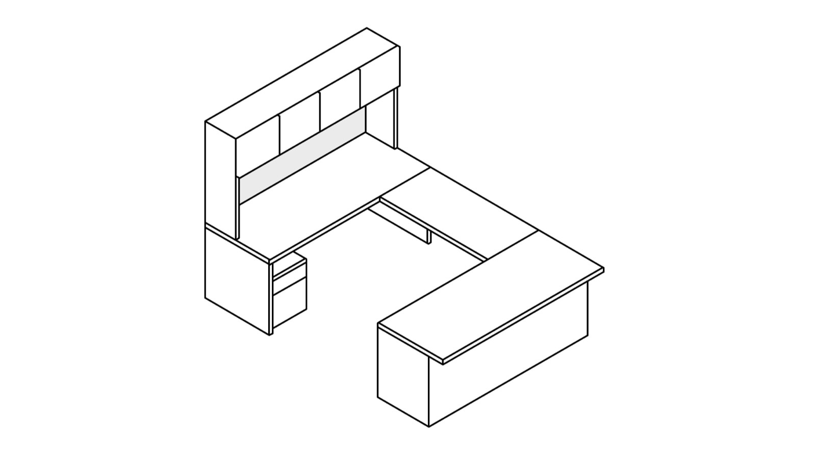 A line drawing of a Canvas Metal Desk with upper storage and an extended surface.