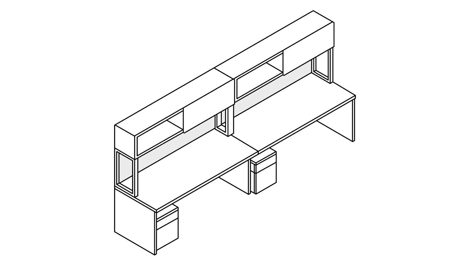 A line drawing of two Canvas Metal Desks with upper and lower storage.