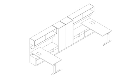 A line drawing of a shared Canvas Private Office with storage tower, overhead storage, and lower storage. Select to go to this setting's detail page.