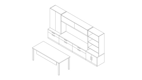 A line drawing of a Canvas Private Office with storage towers and a separate desk. Select to go to this setting's detail page.