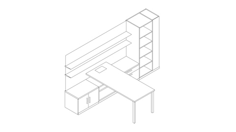 A line drawing of a Canvas Private Office with a storage tower, floating shelves, and integrated surface power. Select to go to this setting's detail page.