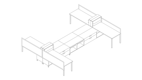 A line drawing of a Canvas Storage workstation with storage and desk shelving units. Select to go to this setting's detail page.